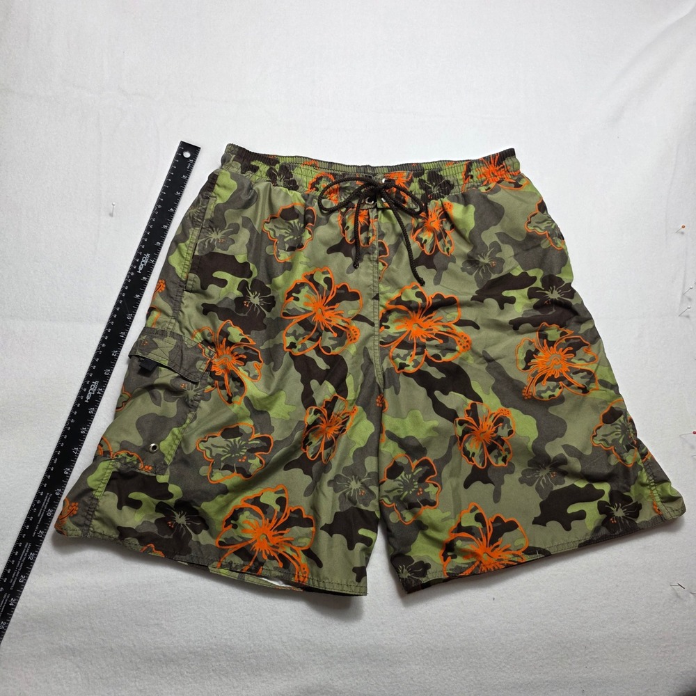 Marsol Mens 2XL Camo Hibiscus Floral Swim Trunks Orange Green Cargo Board Shorts